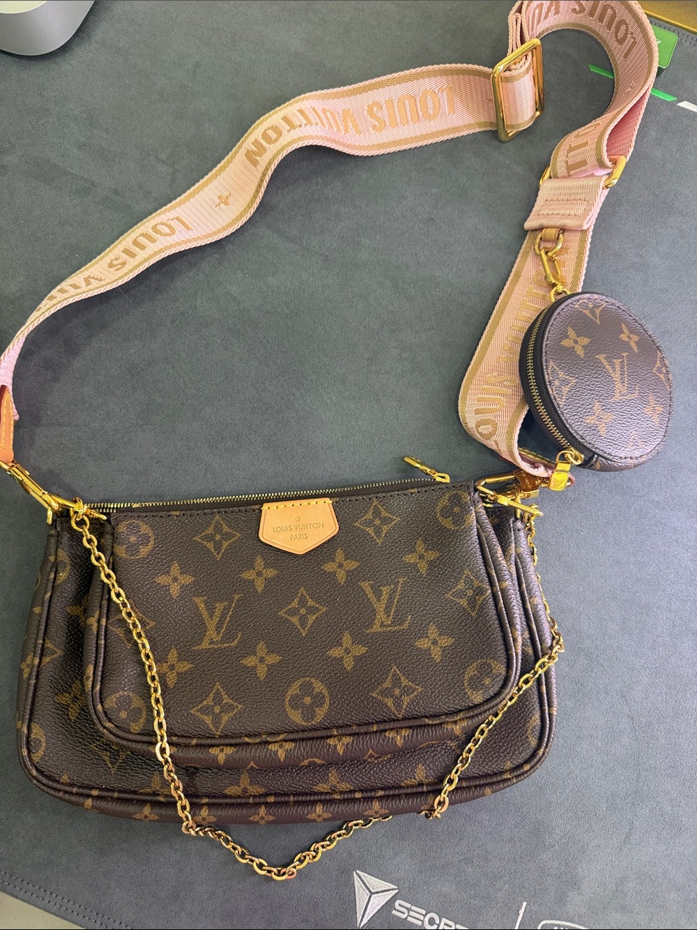 Louis Vuitton Brown Monogram Multi-Pochette with Pink Strap and Gold Hardware